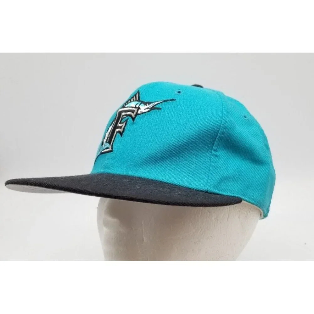 Vintage New Era Florida Marlins Mens Fitted Hat Size 6 7/8 Teal Black Wool 5950 - Picture 3 of 7